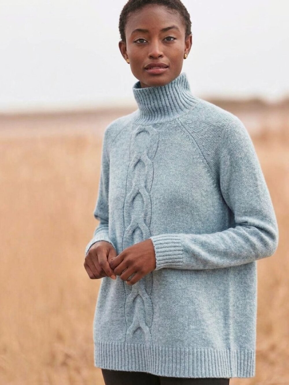 Garnet Hill Light Blue Cable 100% Cashmere Tunic Sweater Size M